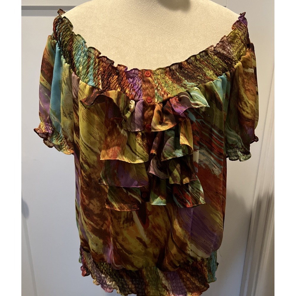 Y2K Sunny Leigh~XL~Off The Shoulder Sheer Cropped Short sleeve Blouse Colorful